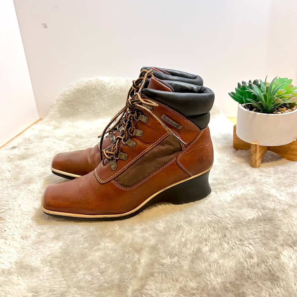 *🎉HP 🎉 Timberland | Brown Leather Square Toe Lace-Up Wedge Boots Size 6.5 - Picture 2 of 10